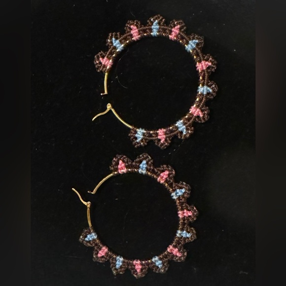 Large Boho Hoop Earrings. Brown, Blue & Pink Crochet. Bohemian Handcrafted. - Picture 1 of 3